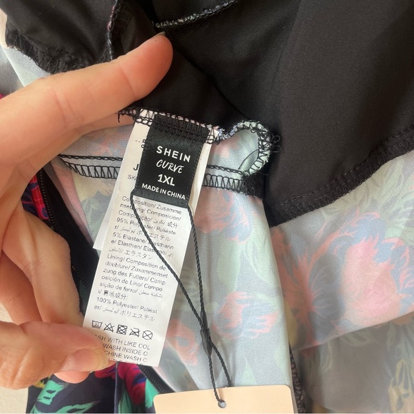 SHEIN BAE Curve 1XL Floral Satin Midi Slip Dress Black Multicolor Ruched - Picture 8 of 9